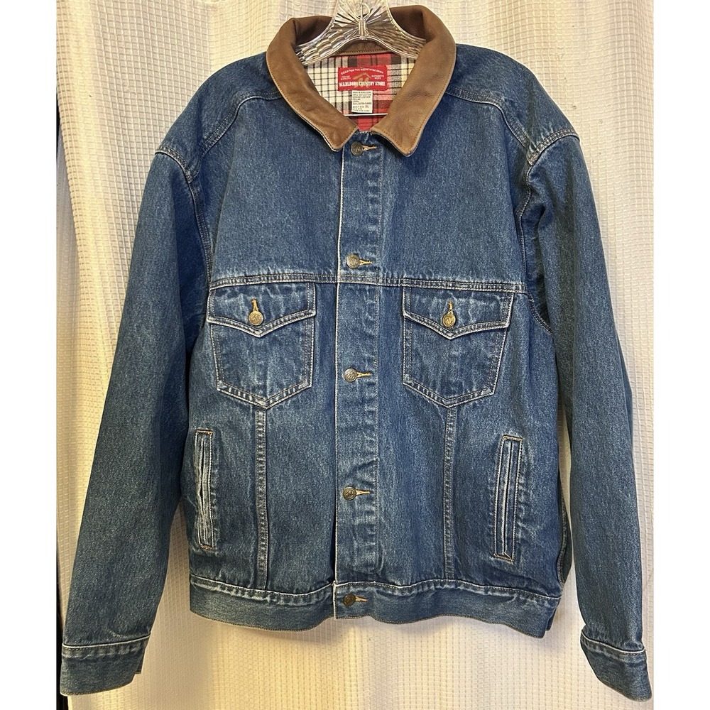 VTG Marlboro Men's Heavy Denim Jacket Blue Denim Leather Trim Size Large Y2K 90s